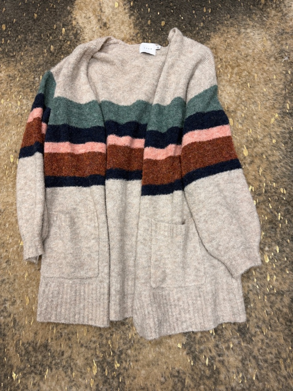LUSH Beige Open-Front Cardigan with Green, Navy, Rust & Pink Stripes | small